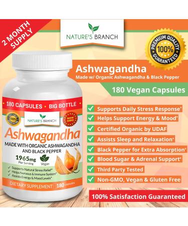 Organic Ashwagandha with Black Pepper - 180 Capsules - 1950mg Maximum Strength | Stress, Mood & Thyroid Support | Energy & Hair Health | Vegan Supplement - Buy Online on GoSupps.com