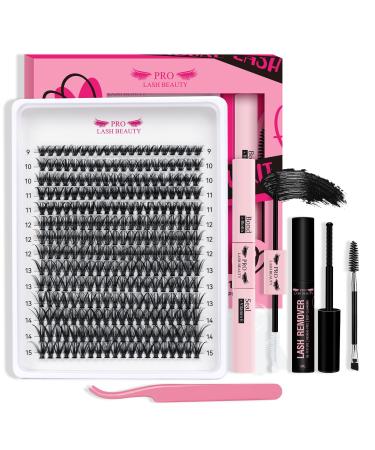DIY Lash Extension Kit 280pcs Lash Clusters D Curl Eyelash Extension Kit Individual Lashes with Lash Bond and Seal Lash Remover Lash Applicator Easy to Apply at Home(40D-9-15mix Kit) 9-15 mix 40D-D Kit (G)