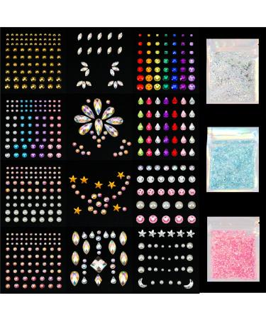 12 Sheets Face Jewels Adhesive Rhinestones Crystal Stickers+15g Chunky And Fine Mix Glitter, Eye Face Body Rave Outfits Clothes for Women, Mermaid Face Gems Rave Festival Accessories, Face Body Makeup