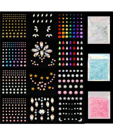 12 Sheets Face Jewels Adhesive Rhinestones Crystal Stickers+15g Chunky And Fine Mix Glitter, Eye Face Body Rave Outfits Clothes for Women, Mermaid Face Gems Rave Festival Accessories, Face Body Makeup - Buy Online on GoSupps.com