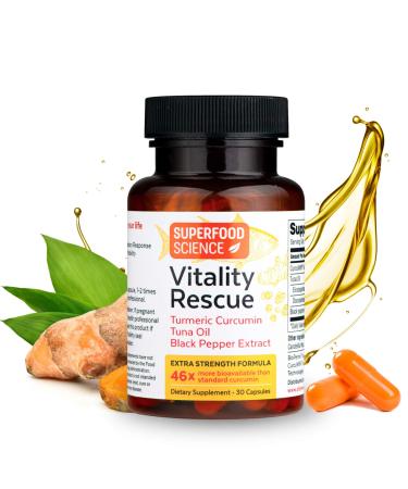 Superfood Science Vitality Rescue Omega 3 Fish Oil Plus Turmeric Curcumin Supplement with Bioperine Black Pepper Extract For Joint Heart Brain and Inflammatory Health 46X Better Absorption 30 Caps