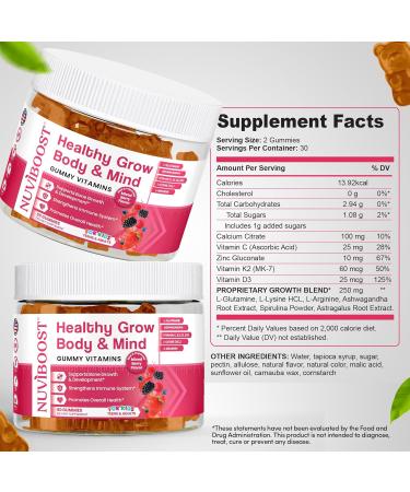 NUVIBOOST Healthy Grow Height Growth Gummies Rich in Calcium Vitamins C D3 K2 L-Arginine Ashwagandha and Others Boost Bone Health & Immunity Multivitamin for Kids 5+ Teens and Adults. - Buy Online on GoSupps.com