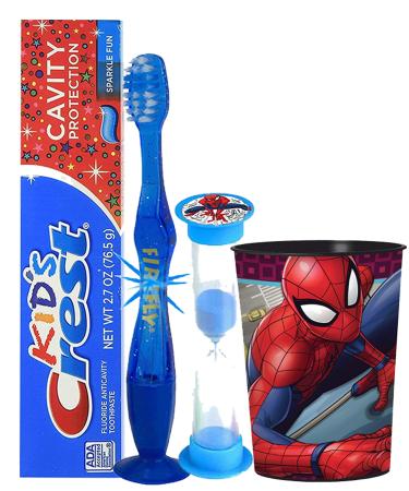 UPD 4pc Oral Care Bundle with Flashing Lights Toothbrush  Kid's Crest Toothpaste  2-Minute Timer and Spiderman 16oz Cup and Remember to Brush Visual Aid