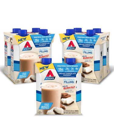 Atkins Creamy Chocolate Coconut Protein Shake, 15g Protein, 2g Net Carbs, 1g Sugar, Keto Friendly, 12 Count 11 Fl Oz (Pack of 12)