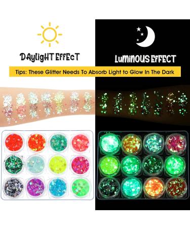 Glow in the Dark Body Face Glitter Gel - 12 Luminous Colors for Eyes Lips Hair & Nails | Self-Adhesive Festival & Rave Accessories - Buy Online on GoSupps.com