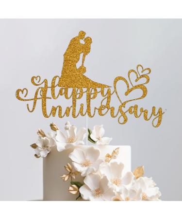 Trimming Shop Reusable Happy Anniversary Cake Topper Gold Glitter Double-Sided Cake Topper Groom & Bride Cake Pick Toppers Wedding Anniversary Engagement Cake Decoration Supplies Gold Happy Anniversary Groom & Bride