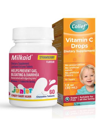 Milkaid Junior Lactase Enzyme Tablets Strawberry 60 Chewables + Colief Vitamin C Drops 30ml Kids Digestive Support & Immune Health Bundle (Ages 1+)
