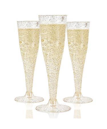 JOLLY CHEF 100 Pack Plastic Champagne Flutes Disposable 4.5 Oz Gold Glitter Plastic Champagne Glasses Perfect for Wedding Thanksgiving Day Christmas 4.5-Glitter-100