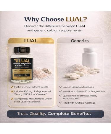 LUAL Calcium Magnesium Zinc with Vitamin D Bone & Muscle Support Supplement for Adults 250 Coated Caplets 83 Day Supply - Buy Online on GoSupps.com