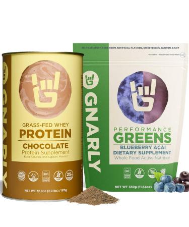 Gnarly Nutrition Performance Greens Blueberry A ai (11.64 oz) and Gnarly Whey Grass-Fed Protein Supplement Chocolate (32.0oz)