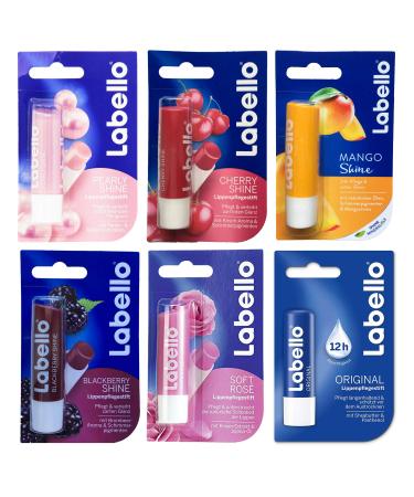 Lip Balm Bundle containing 6 different Labello Lip Balms - Pearly Shine Cherry Shine Mango Blackberry Shine Soft Rose Original
