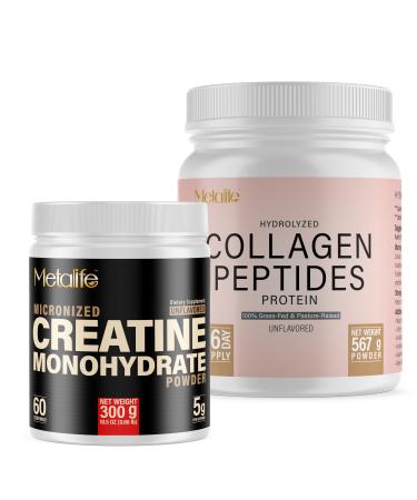 METALIFE Creatine Monohydrate 300g + Bovine Collagen Peptides 20oz Bundle Muscle Strength Recovery & Joint Support Unflavored Canada-Made Grass-Fed 126 Total Servings