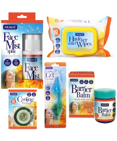 Nuage Hayfever Survival Kit Includes 30 Resealable Hayfever Relief Wipes Barrier Balm Face Mist Spray Cooling Gel Eye Mask & Eye Pads | Natural Remedy for Hayferver | Suitable for Face and Hands