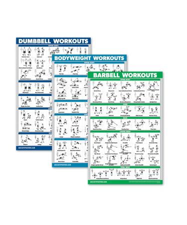 QuickFit 3 Pack - Dumbbell Workouts + Bodyweight Exercises + Barbell Routine Poster Set - Set of 3 Workout Charts LAMINATED 18" x 27