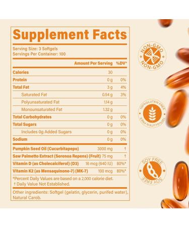 Pumpkin Seed Oil with Saw Palmetto, Vitamin D3 & K2 | 3000 mg Per Serving, Cold Pressed, Essential Fatty Acids & Phytosterols | Supports Healthy Hair, Bladder Comfort & Balance | 300 Non-GMO Softgels - Buy Online on GoSupps.com