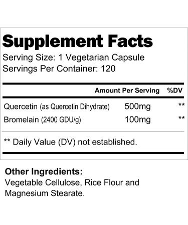 Quercetin 500mg with Bromelain 100mg | 120 Vegetarian Capsules | Natural Antioxidant Supplement | Relief Complex - Buy Online on GoSupps.com