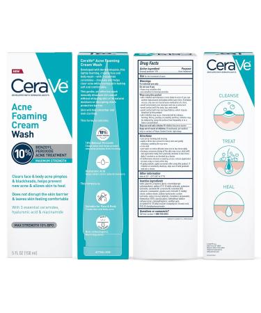 CeraVe Acne Foaming Cream Wash - 10% Benzoyl Peroxide Acne Cleanser Hyaluronic Acid & Niacinamide | Treats Pimples Blackheads & Body Acne - 5 Oz - Buy Online on GoSupps.com