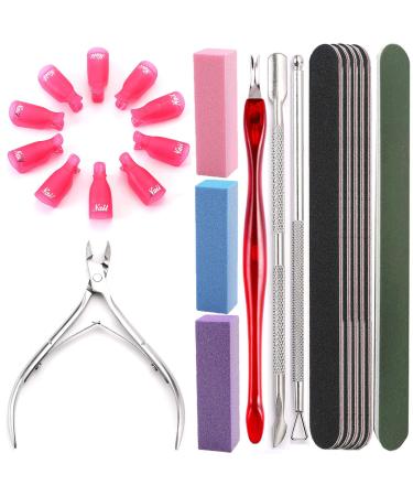 Cuticle Pusher and Cutter Remover - Borogo 23Pcs Double Sided Nail File, Rectangular Nail Buffer, Come with Cuticle Nipper Pedicure Cleaner Tool For Fingernail and Toenail Silver