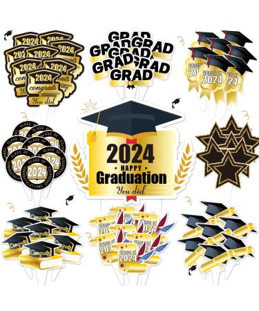72pcs Graduation Cupcake Toppers 2024 Cake Topper Decorations Black and Gold Class of 2024 Congrats Grad Theme Party Supplies Graduate Party Cake Picks