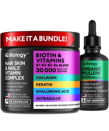 Biotin 10 000 mcg with Collagen & Keratin and Mullein Leaf Lung Support Drops Bundle Hair Skin and Nail Vitamins Plus Lung Cleanse and Respiratory Detox for Men and Women 60 Caps and 2 oz