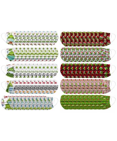 100Pcs Kids Grinch Disposable Face_Mask - Christmas Childrens Face_Mask Assorted Colors Design Boys Girls 3-Ply Face_Covering (Grinch F)