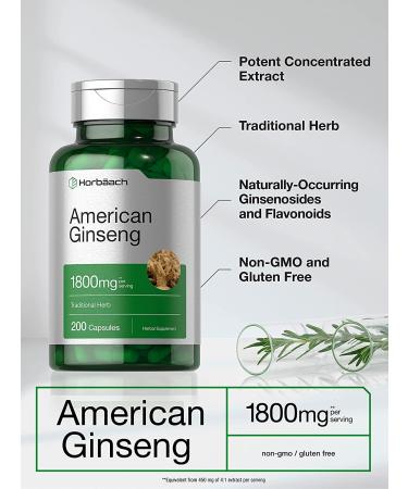 Horbaach American Ginseng Capsules 1800mg | 200 Count Non-GMO Gluten Free Supplement - Buy Online on GoSupps.com