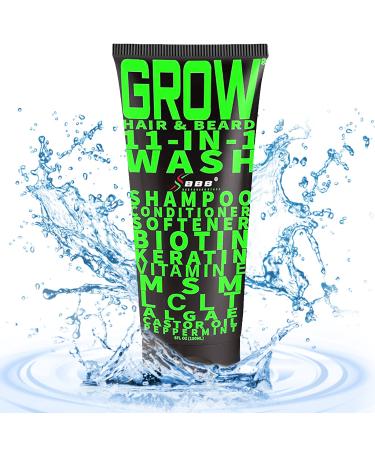GROW Hair & Beard 11-in-1 Wash: Shampoo, Conditioner Softener, Biotin, Castor Oil, Peppermint Essential Oil, Vitamin E, MSM, Keratin, Algae, LCLT - Supports Healthy Growth - Vegan - BBS USA Product