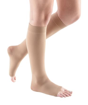 mediven Comfort for Women 20-30 mmHg Open Toe Leg Circulation Calf High Compression Stockings for Women Semi-Transparent Leg Support Compression Hosiery V-Extra Wide - Petite natural