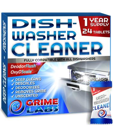 GRIME LABS Dishwasher Cleaner Deodorizer Descaler Tablets, 24 pack Heavy Duty Deep Clean and Natural Limescale Remover Rinse Aid Compatible, Dish Washer Cleaner Machine Pods, 12 Months Supply