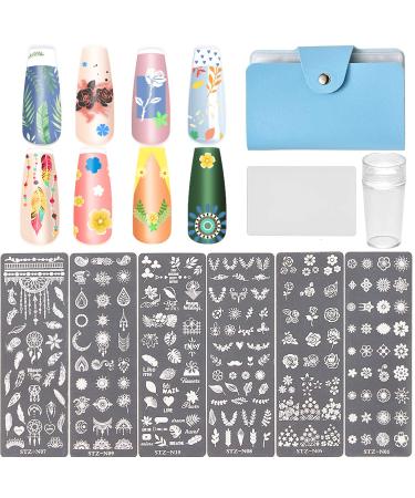 NICENEEDED Nail Art Stamping Kit With 6 PCS Nail Plates Nail Stamp Templates 1 Nail Stamper 1 Nail Scraper And 1 Storage Bag With Flower Leaves Patterns Image Plates For DIY Decoration Style 2