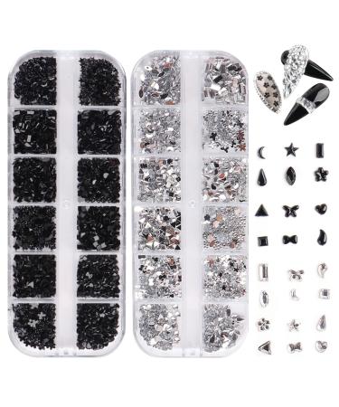 Rhinestones Nail Gems 2 Plates for Nail Art 2 Colors 12 Grids Different Shape 3D Nail Art Gems with Rhinestone Picker Dotting Pen for Professionals Beginners Nails Salon Clothes Craft Style2 silver+black