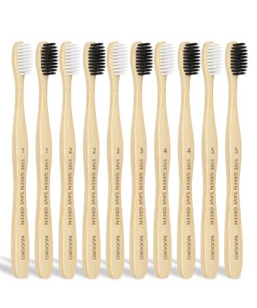 Nuduko Bamboo Toothbrushes Soft Bristles, Biodegradable Eco-Friendly Toothbrush 10 Pack, BPA Free Charcoal Bamboo Tooth Brush, Organic, Natural, Green and Compostable Tooth Brushes Black/White