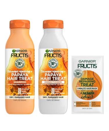 Garnier Fructis Shampoo and Conditioner Set, Damage Repairing Hair Care to Nourish Dry, Damaged Hair, Papaya Extract, 11.8 Oz Ea, Hair Mask Sample included Coconut 11.8 Ounce (Pack of 2)