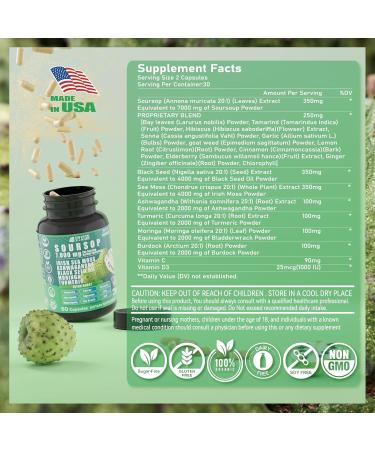 Soursop Graviola Supplement with Sea Moss, Moringa, Turmeric, Black Seed Oil, Oregano, Ashwagandha | 20-in-One Herbal extracts for Overall Health-Enhancing | Vegan, Non-GMO | 60 Capsules - Buy Online on GoSupps.com