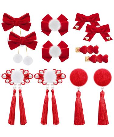 6 Pair Chinese Festival Accessories Chinese New Year Baby Hair Clips Chinese Hair Accessories Christmas Hair Bows Girls Pom Pom Hair Clips Chinese Furry Balls Bows Tassels Hair Clips for Kids Festival