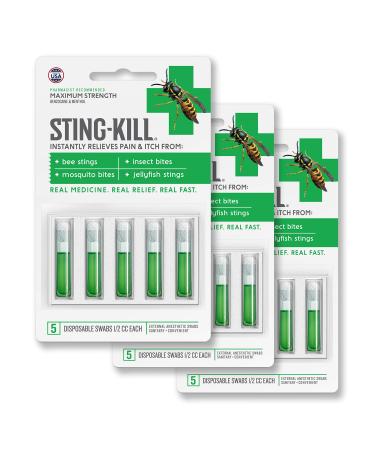 Sting-Kill First Aid Anesthetic Swabs Instant Pain + Itch Relief From Bee Stings and Bug Bites 5-count (pack of 3)