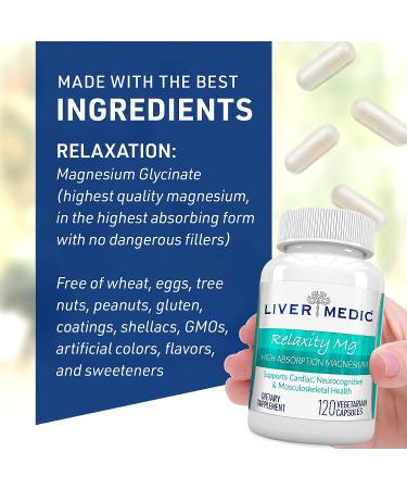 Relaxity Mg Magnesium Supplement - 120 Vegetarian Capsules for Joint Support, Heart, Nerve, Muscle - Non-GMO, Magnesium Glycinate Pills - Liver Medic - Buy Online on GoSupps.com