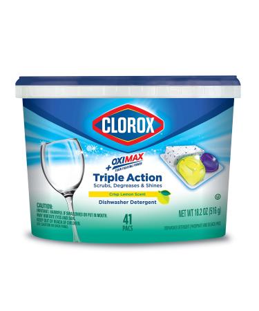Clorox Triple Action +OxiMax Dishwasher Detergent Pacs, 41 Count Dishwashing Pacs, Lemon Scent Lemon 41 Count (Pack of 1)