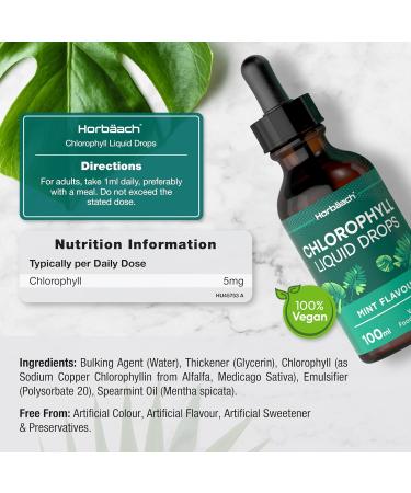 Liquid Chlorophyll Drops for Water | 100ml - 3+ Months Supply | Vegan Liquid Food Supplement Extracted from Alfalfa | Mint Flavour | by Horbaach - Buy Online on GoSupps.com