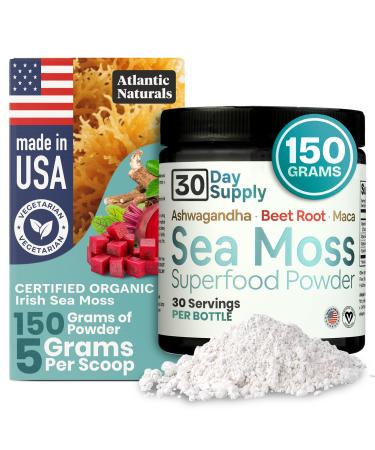 Atlantic Naturals Sea Moss Superfood Powder with Ashwagandha Beet Root and Maca Root - Sea Moss Powder Supports Healthy Skin Athletic Performance and Positive Mood - Vanilla Flavor (150g)