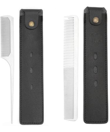 2Pcs Stainless Steel Rat Tail Hair Cutting Comb Set with Leather Bag - Salon Quality Barber Hairdressing Combs for Ultra-thin Styling - Buy Online on GoSupps.com