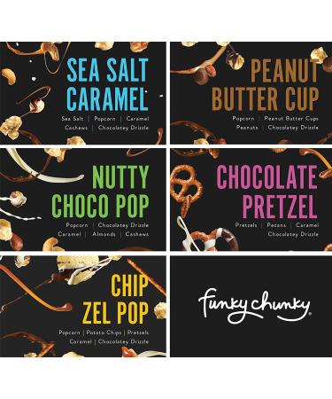 Funky Chunky Gourmet Popcorn Sampler Variety Pack - Sea Salt Caramel, Nutty Choco Pop, Peanut Butter Cup, Chip Zel Pop, Chocolate Pretzel - 2 oz (5 Bags) - Buy Online on GoSupps.com