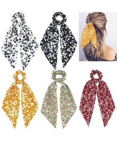 Hair Scrunchies Scarves 2 in 1 Chiffon Scarf Scrunchie Floral Hair Ribbon Tail Ponytail Flower Pattern Printed Long Bow Knotted Fashion Vintage Bandana Scrunchy for Women Lady Girls (5pcs) Vintage Floral 5 pcs