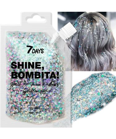7DAYS Shine Bombita Glitter Gel 90ml - Sparkling Face, Hair & Body Makeup with Chunky Sequins for Party, Rave, Festival & Halloween - Quick-Drying Holographic Formula - Silver DOPE - Buy Online on GoSupps.com