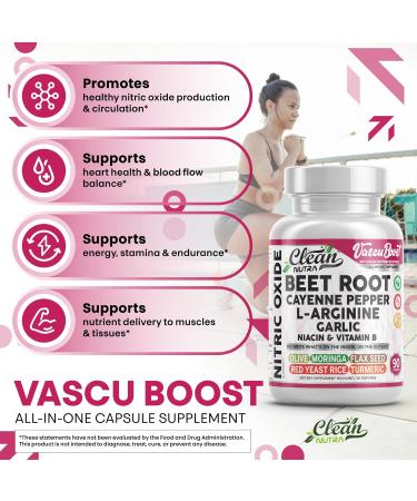 Vascu Boost Beet Root Cayenne Pepper Nitric Oxide Supplement L-Arginine Garlic Niacin Vitamin B Red Yeast Rice Flax Seed Turmeric Curcumin Supplement 90 Capsules by Clean Nutra - Buy Online on GoSupps.com