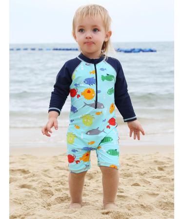 HUAANIUE Baby Girls Long Sleeve One Piece Swimwear UPF 50+ | 6M-6Y Boys Bathing Suit | Beachwear Swimming Costume - Blue Sealife Print - Buy Online on GoSupps.com