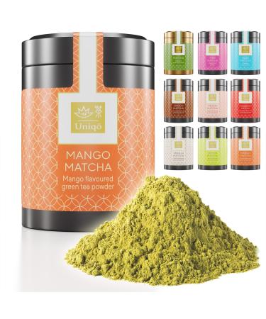 Tea Uniqo Matcha powder with mango powder - for Matcha latte ice cream bubble tea - Japanese Matcha tea with mango taste without artificial dyes in noble can mango matcha