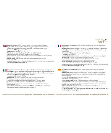 Vita World Reishi Powder Organic Quality 500mg 120 Capsules Ganoderma Lucidum Made in Germany - Buy Online on GoSupps.com