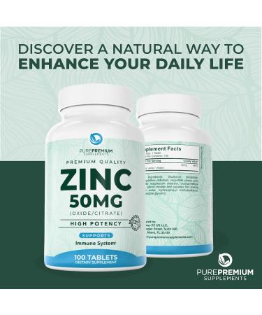 PurePremium Zinc 50mg Supplement - Antioxidant Formula with Zinc Oxide/Citrate - Non-GMO Immune Support for Men & Women - 100 Tablets - Buy Online on GoSupps.com