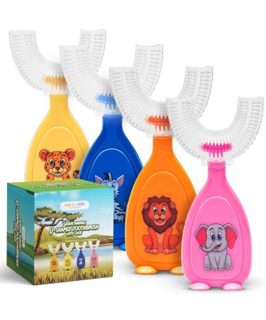 ZOFREY Kids Toothbrushes U Shape 4 Pack - Kids Toothbrushes with Safari Animals and 4 Free E-Books U Shaped Toothbrush Kids Age 2-6 360 Toothbrush Toddler Autism Toothbrush for Kids BPA Free